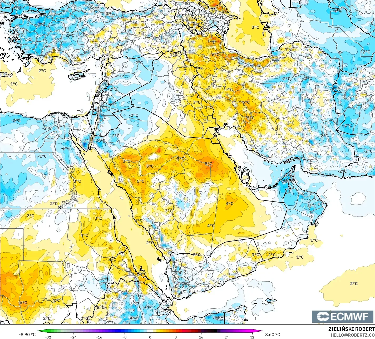 ECMWF IFS 0.25° modelo - Oriente Medio, Anomalía de temperatura a 2 m