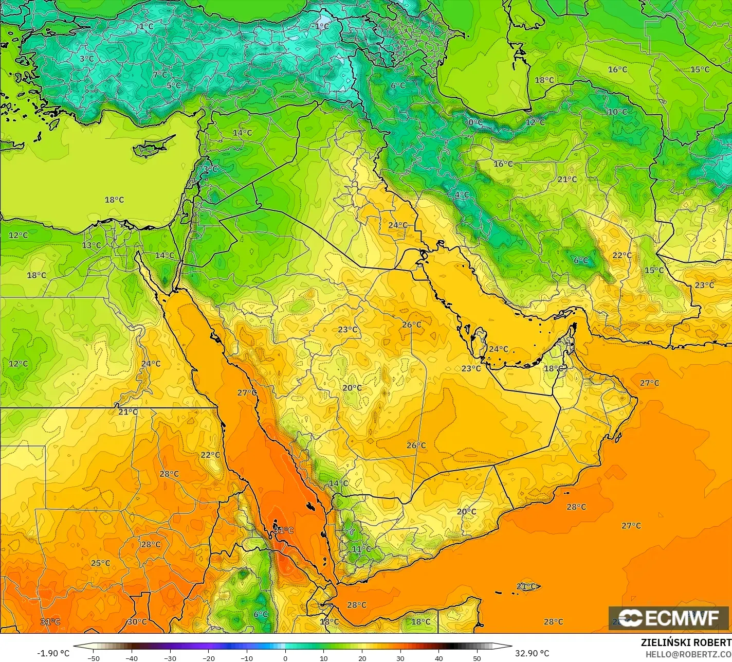 ECMWF IFS 0.25° modelo - Oriente Medio, Temperatura a 2 m