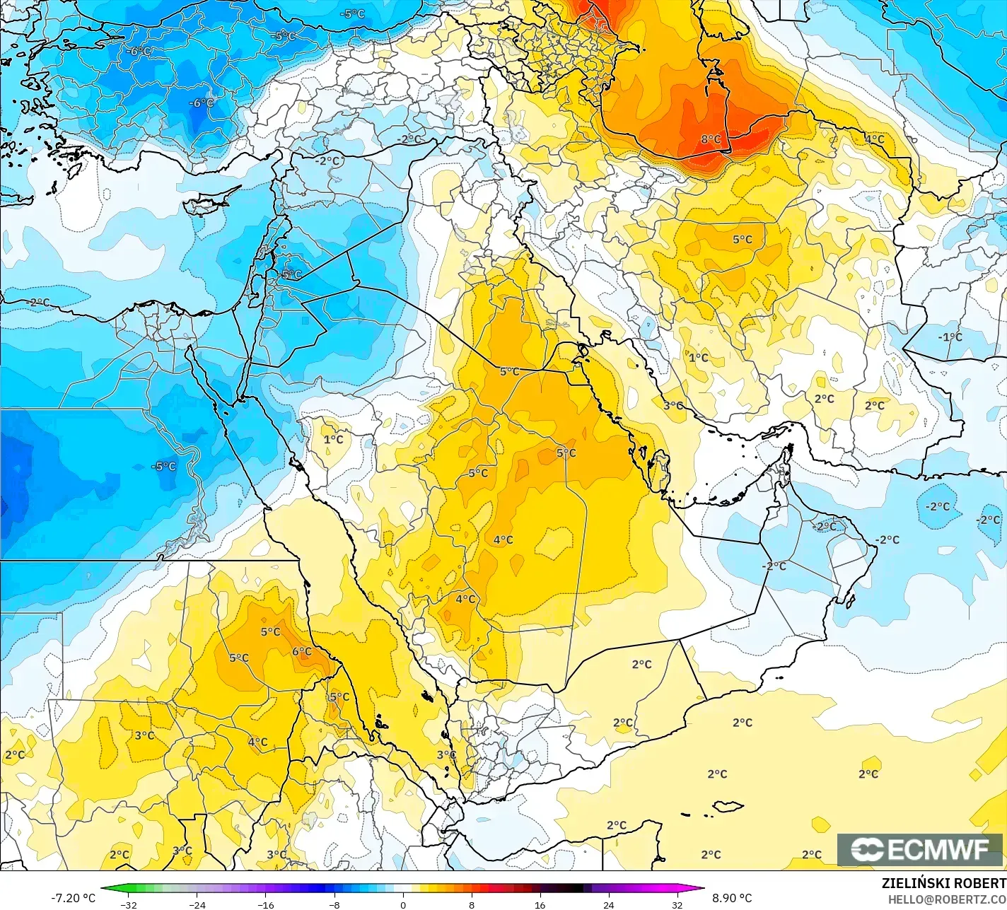 ECMWF IFS 0.25° modelo - Oriente Medio, Anomalía de temperatura a 850 hPa