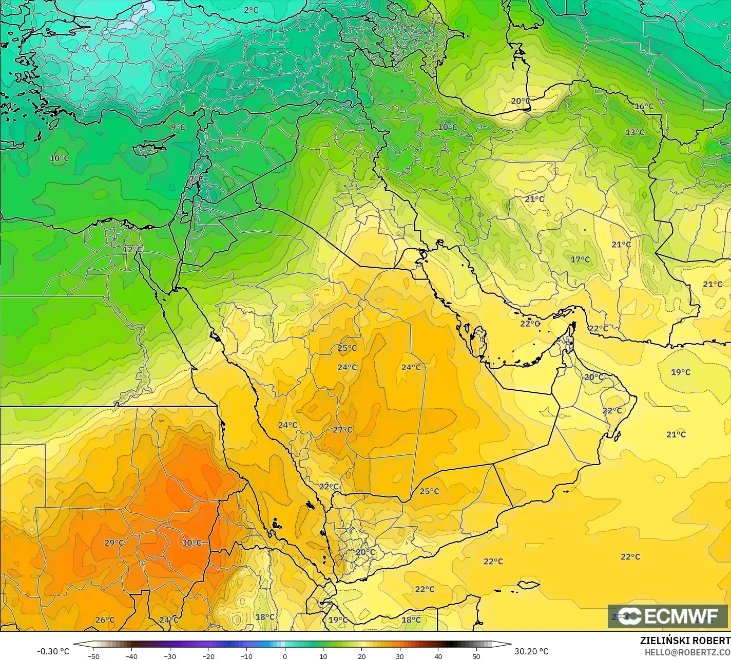 ECMWF IFS 0.25° modelo - Oriente Medio, Temperatura a 850 hPa