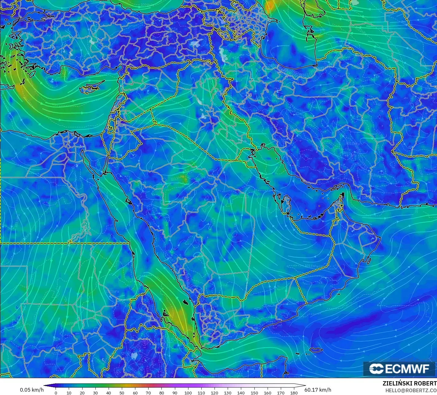 ECMWF IFS 0.25° modelo - Oriente Medio, Viento a 10 m