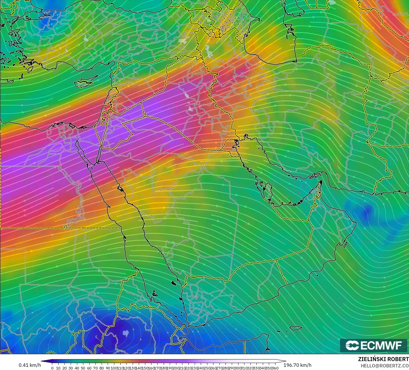 ECMWF IFS 0.25° modelo - Oriente Medio, Viento a 300 hPa (corriente en chorro)