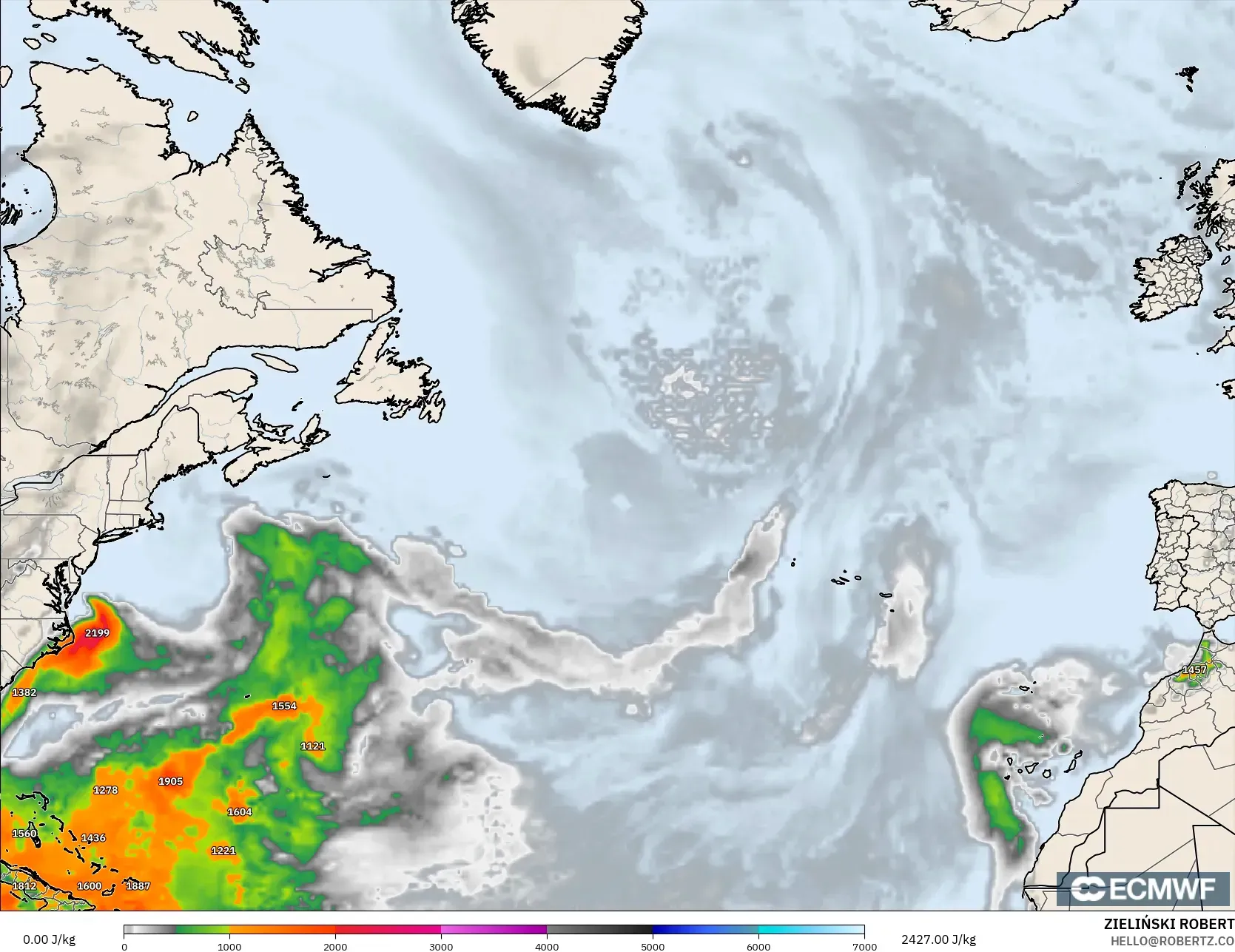 ECMWF IFS 0.25° modelo - Norte Atlántico, CAPE