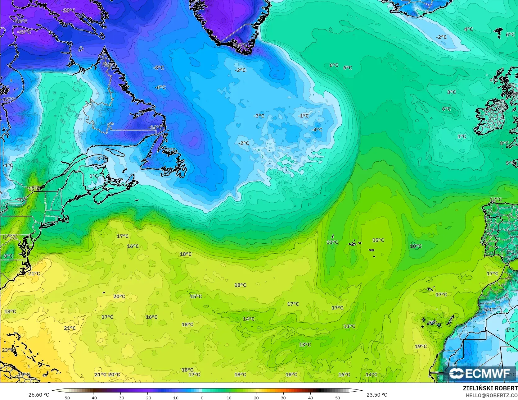 ECMWF IFS 0.25° modelo - Norte Atlántico, Punto de rocío a 2 m