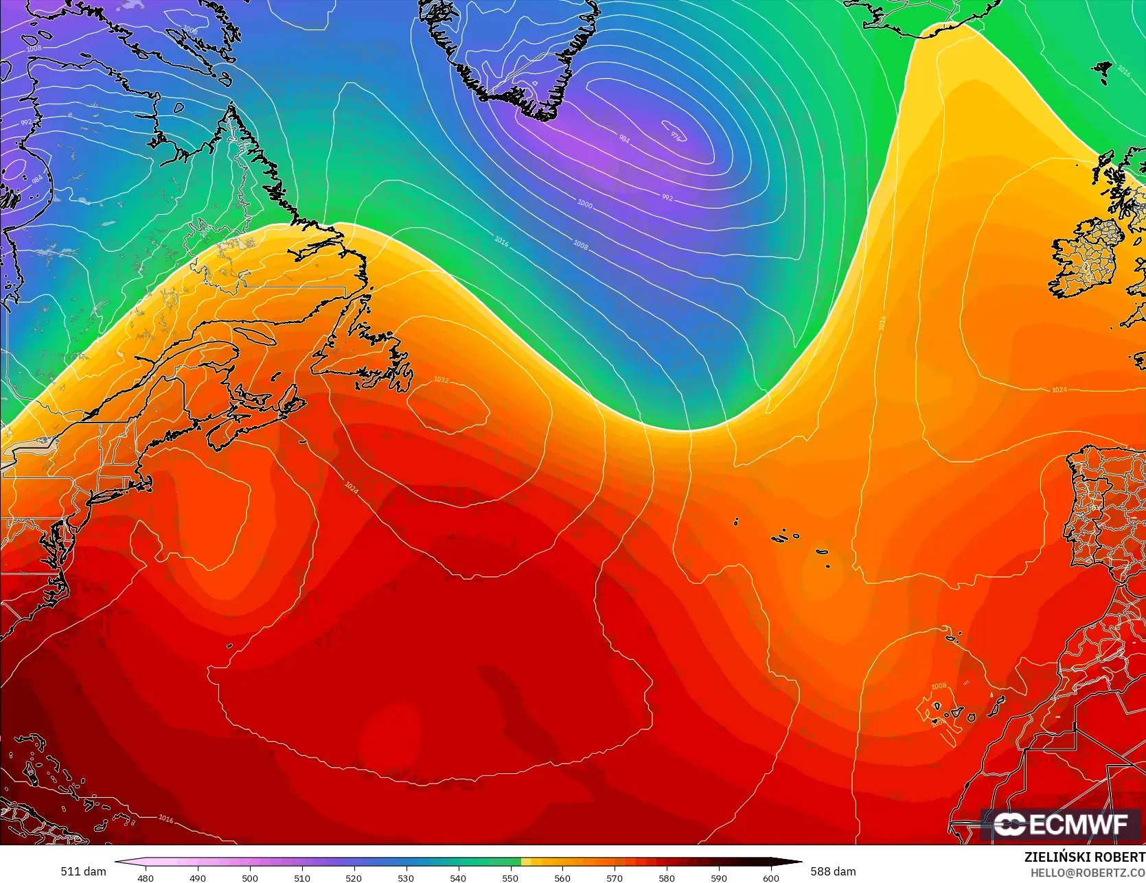 ECMWF IFS 0.25° modelo - Norte Atlántico, Altura geopotencial a 500 hPa