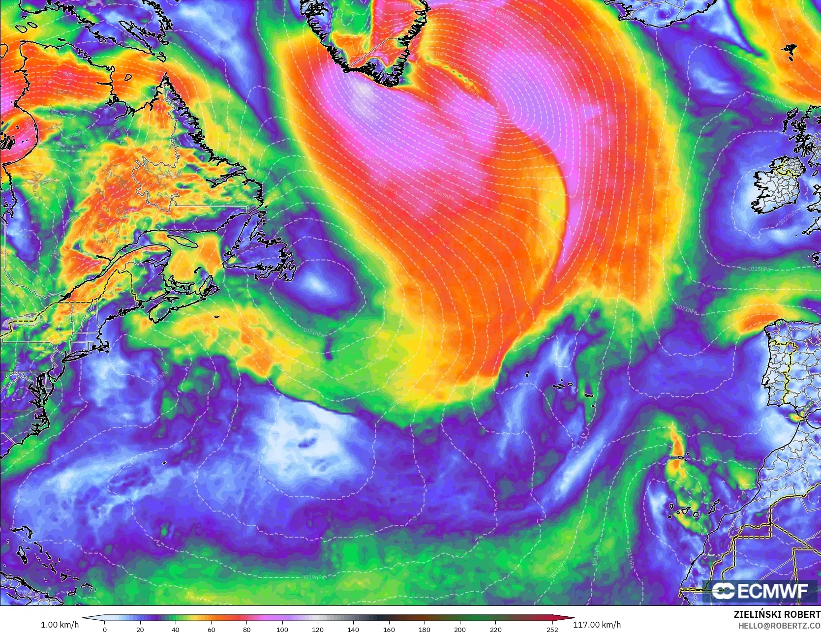 ECMWF IFS 0.25° modelo - Norte Atlántico, Ráfagas de viento