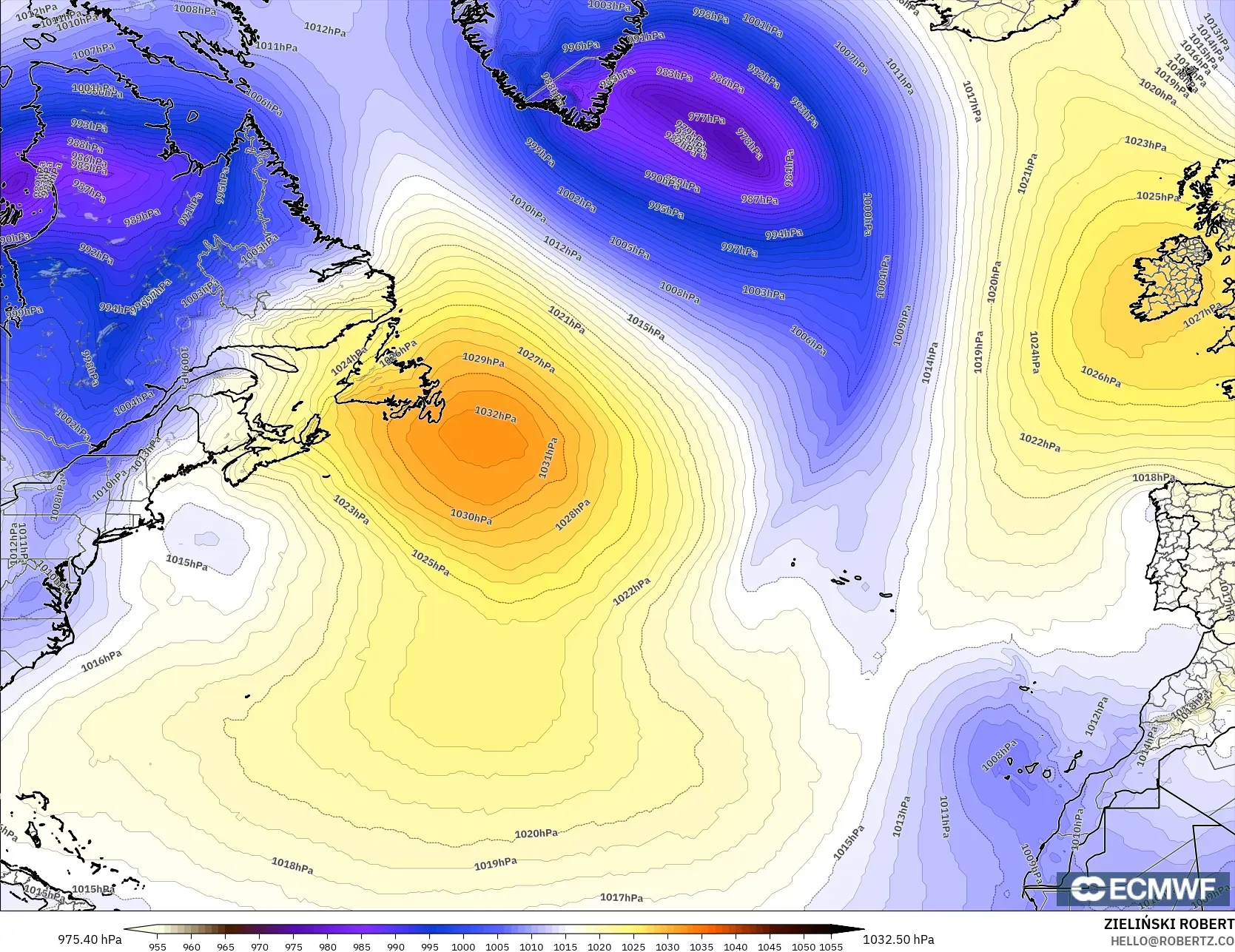 ECMWF IFS 0.25° modelo - Norte Atlántico, Presión