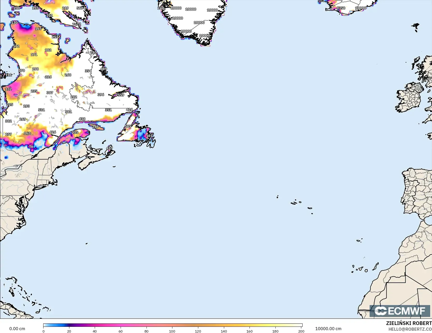 ECMWF IFS 0.25° modelo - Norte Atlántico, Profundidad de nieve