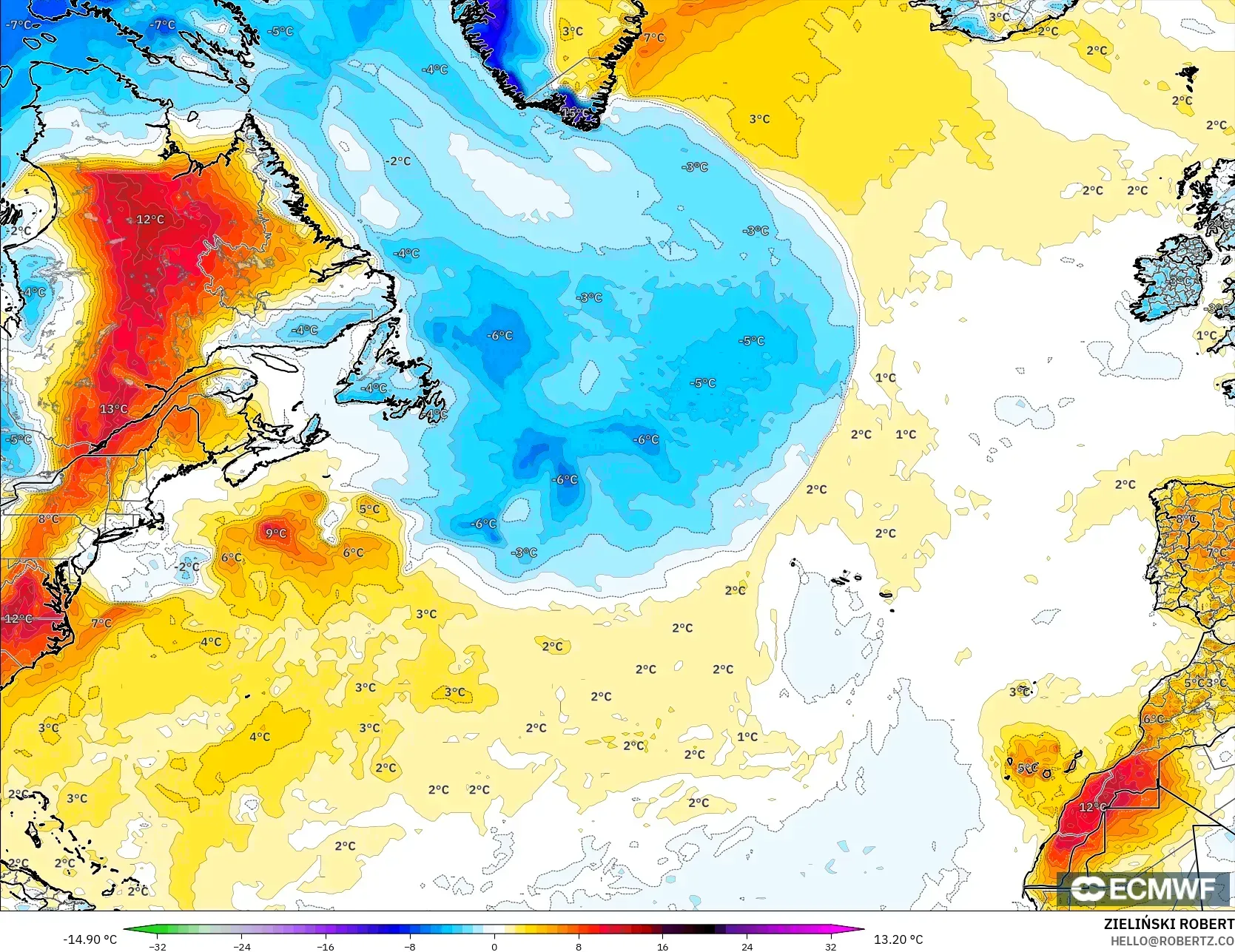ECMWF IFS 0.25° modelo - Norte Atlántico, Anomalía de temperatura a 2 m