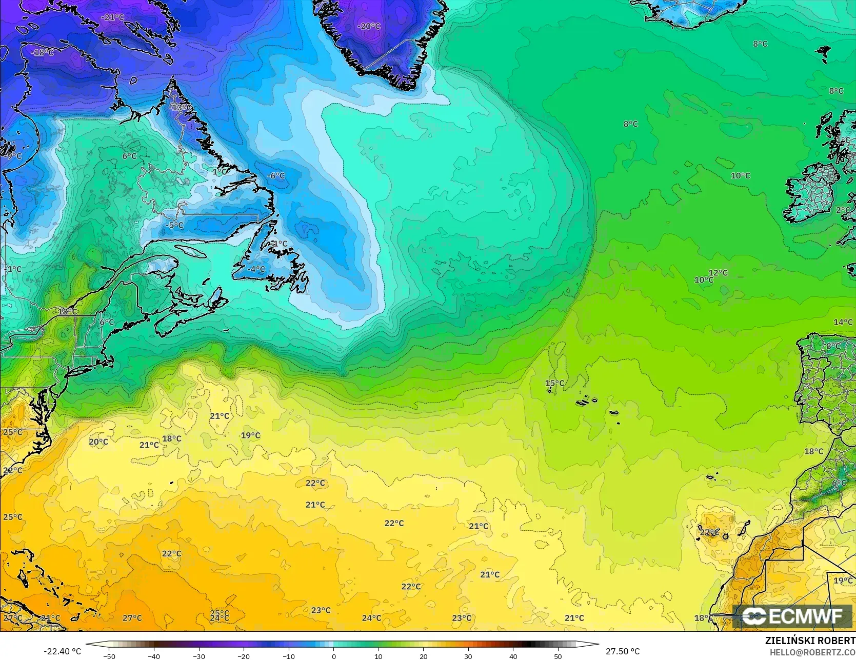 ECMWF IFS 0.25° modelo - Norte Atlántico, Temperatura a 2 m