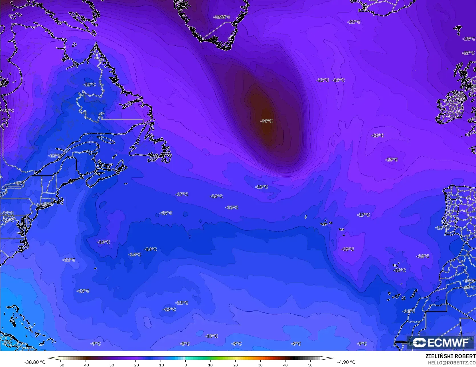 ECMWF IFS 0.25° modelo - Norte Atlántico, Temperatura a 500 hPa