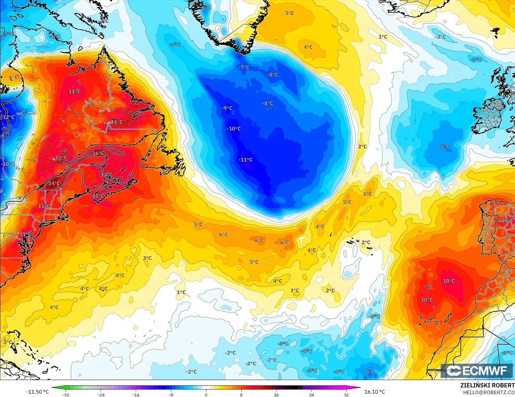 ECMWF IFS 0.25° modelo - Norte Atlántico, Anomalía de temperatura a 850 hPa