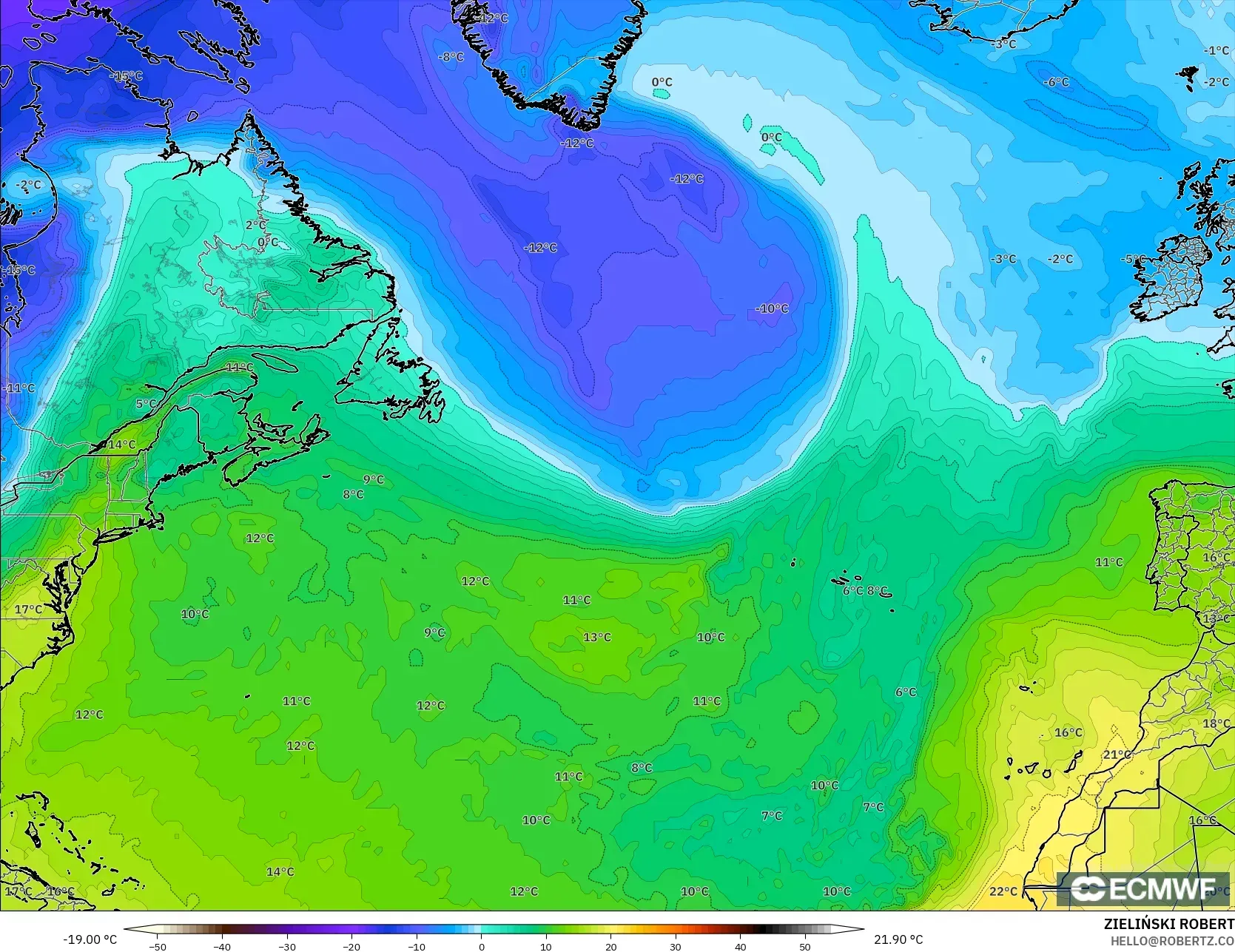 ECMWF IFS 0.25° modelo - Norte Atlántico, Temperatura a 850 hPa