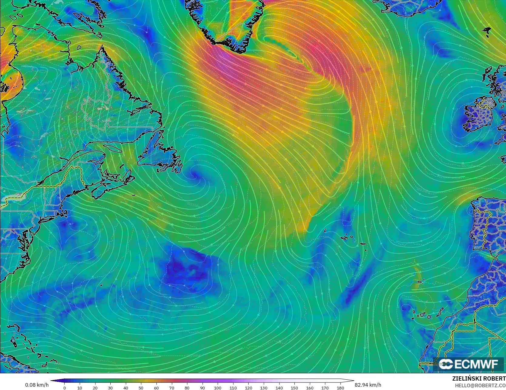 ECMWF IFS 0.25° modelo - Norte Atlántico, Viento a 10 m