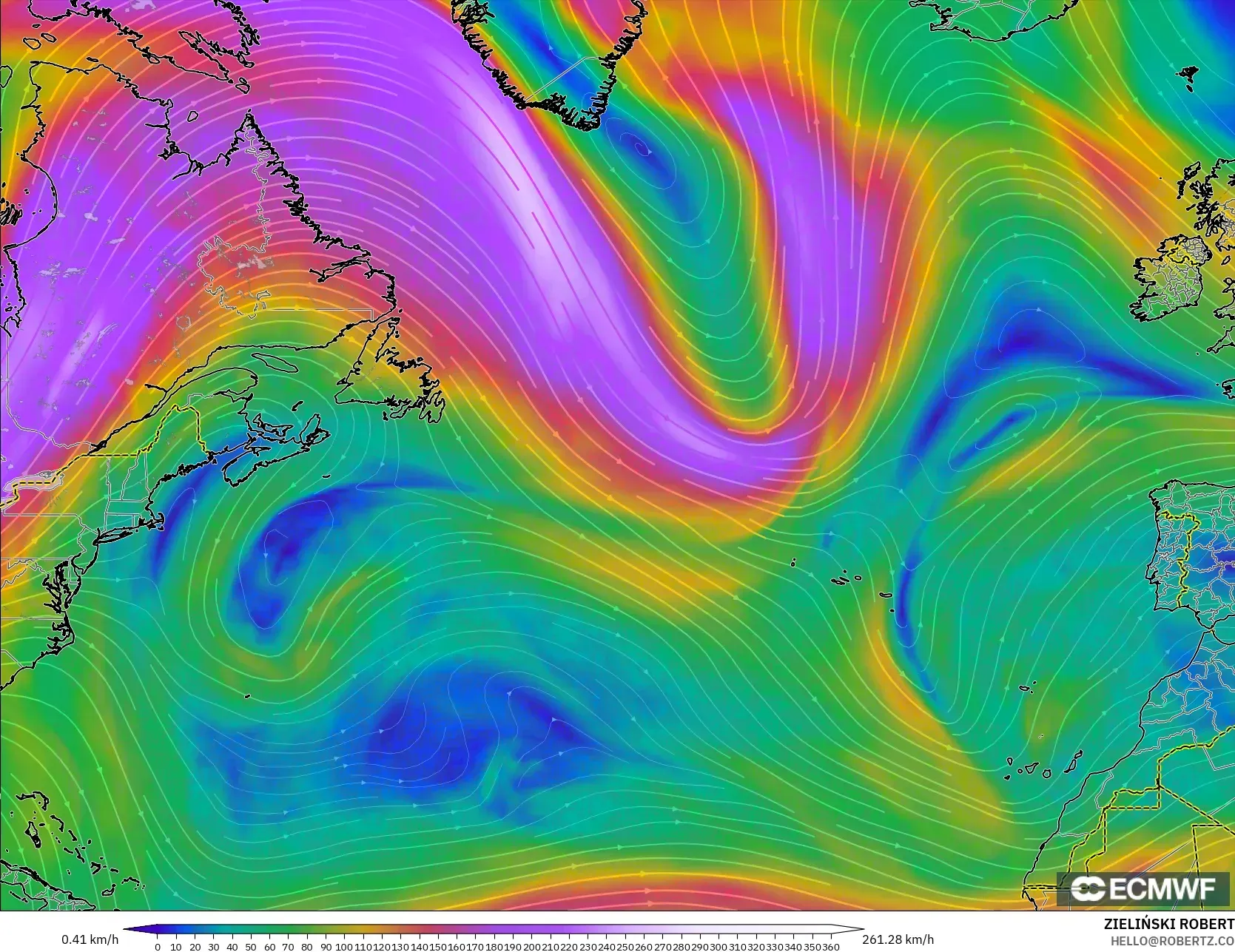 ECMWF IFS 0.25° modelo - Norte Atlántico, Viento a 300 hPa (corriente en chorro)