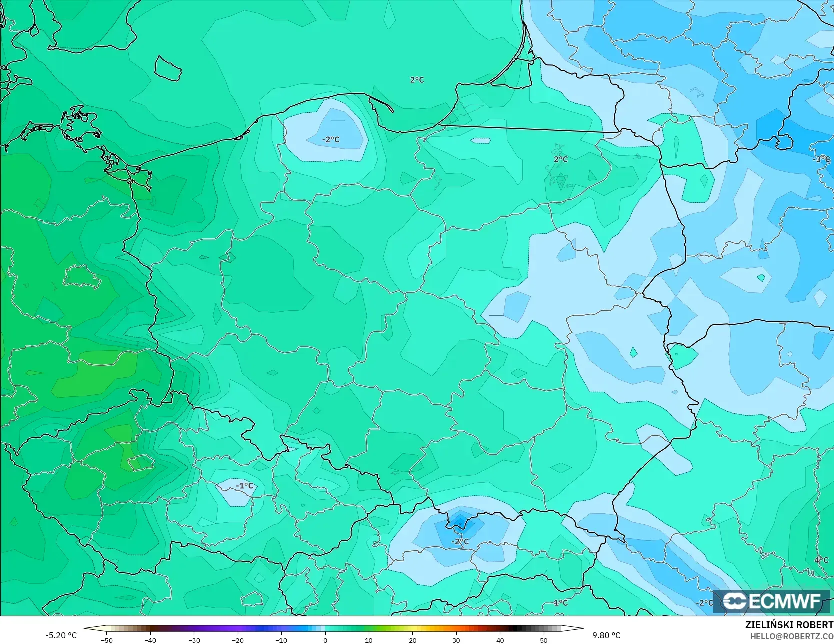 ECMWF IFS 0.25° modelo - Polonia, Punto de rocío a 2 m