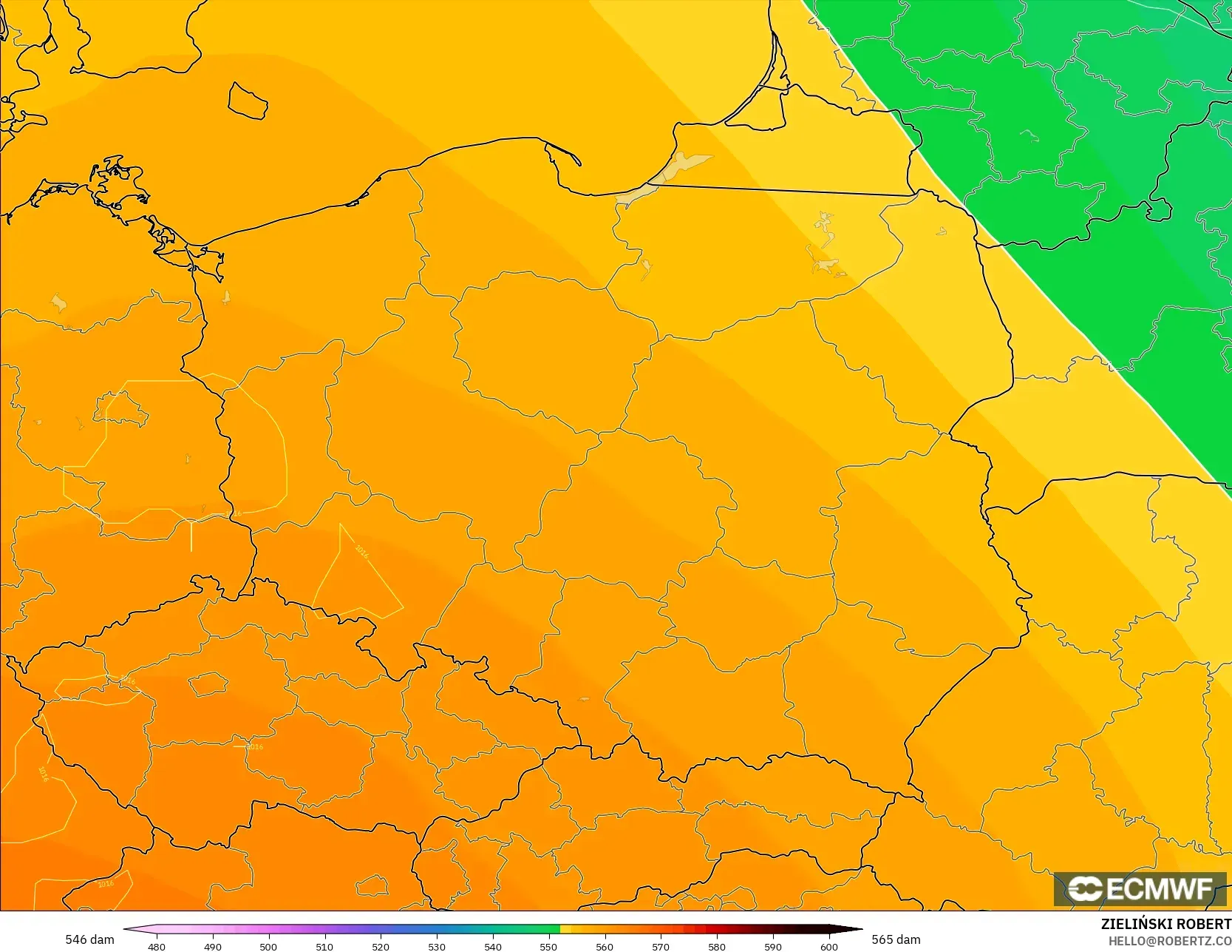 ECMWF IFS 0.25° modelo - Polonia, Altura geopotencial a 500 hPa
