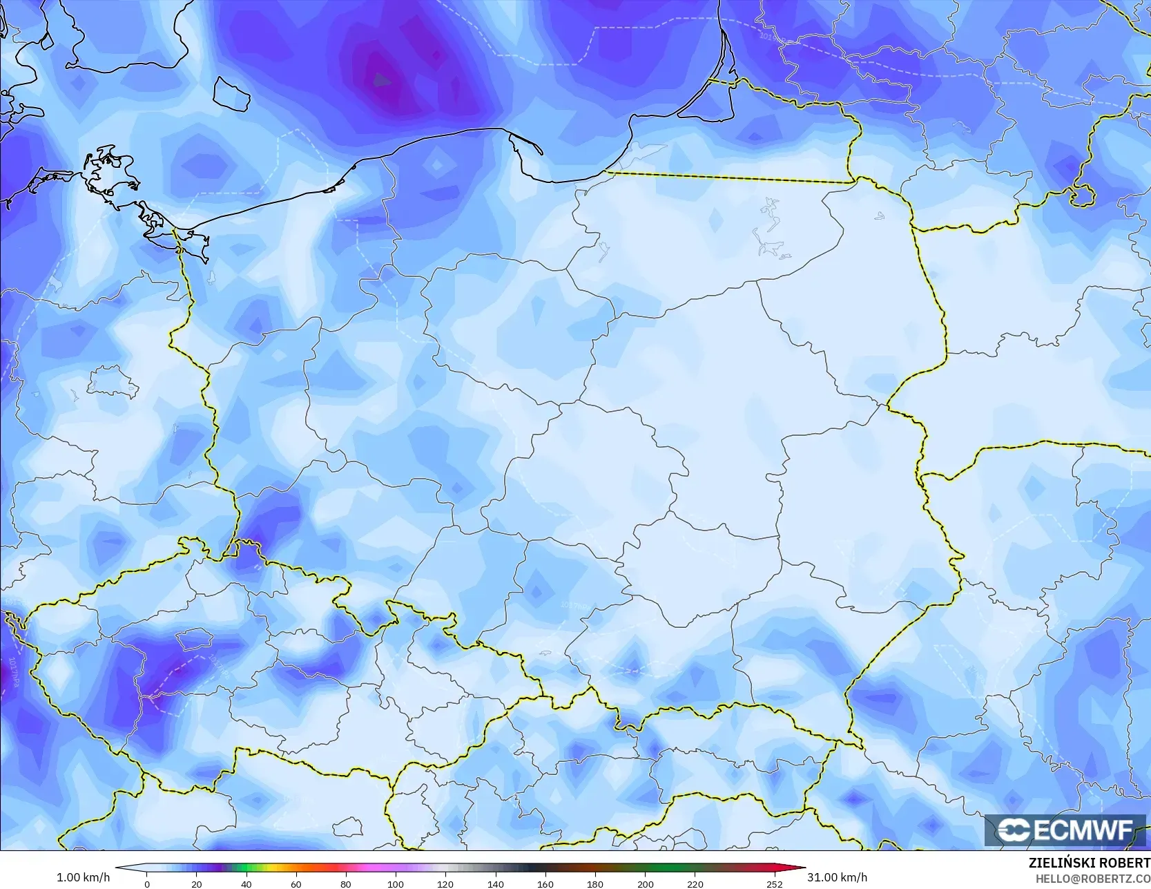 ECMWF IFS 0.25° modelo - Polonia, Ráfagas de Viento Máximas