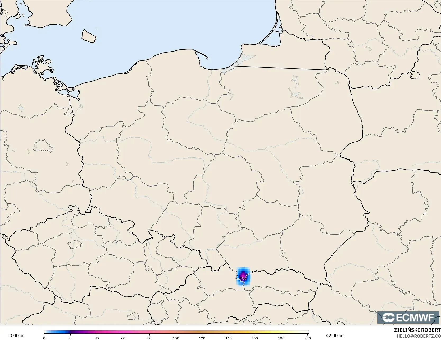ECMWF IFS 0.25° modelo - Polonia, Profundidad de nieve