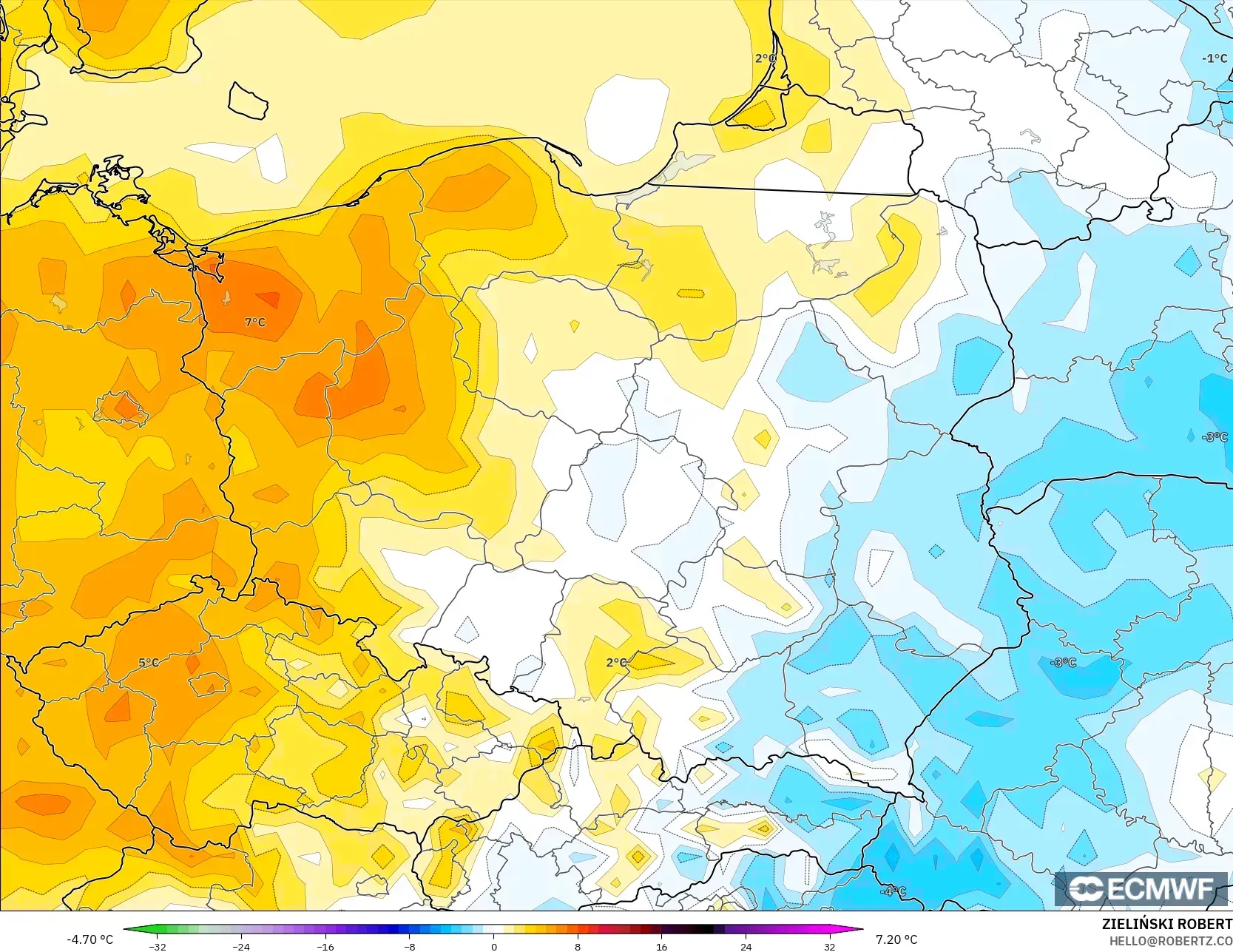 ECMWF IFS 0.25° modelo - Polonia, Anomalía de temperatura a 2 m