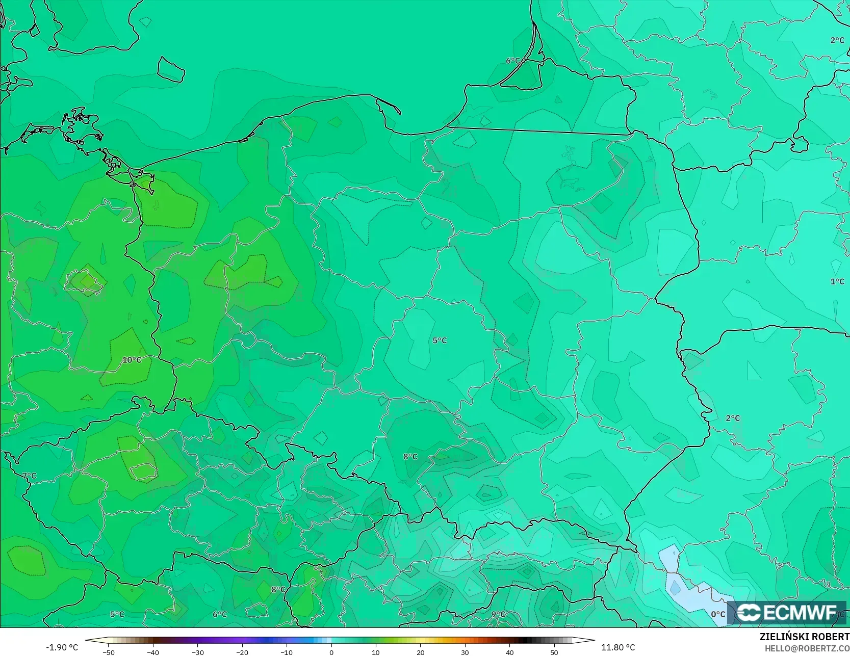 ECMWF IFS 0.25° modelo - Polonia, Temperatura a 2 m