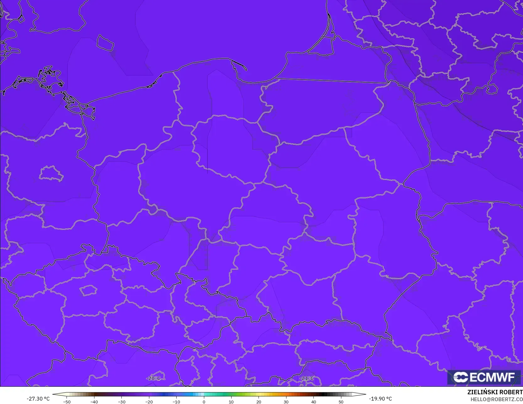 ECMWF IFS 0.25° modelo - Polonia, Temperatura a 500 hPa