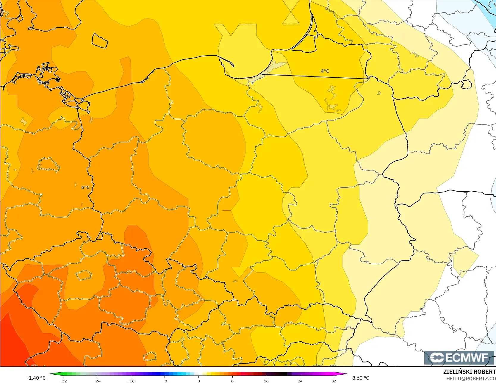 ECMWF IFS 0.25° modelo - Polonia, Anomalía de temperatura a 850 hPa