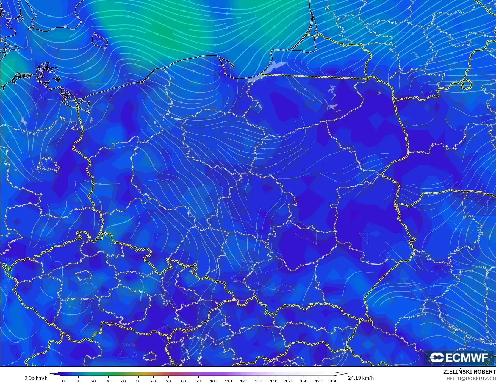 ECMWF IFS 0.25° modelo - Polonia, Viento a 10 m