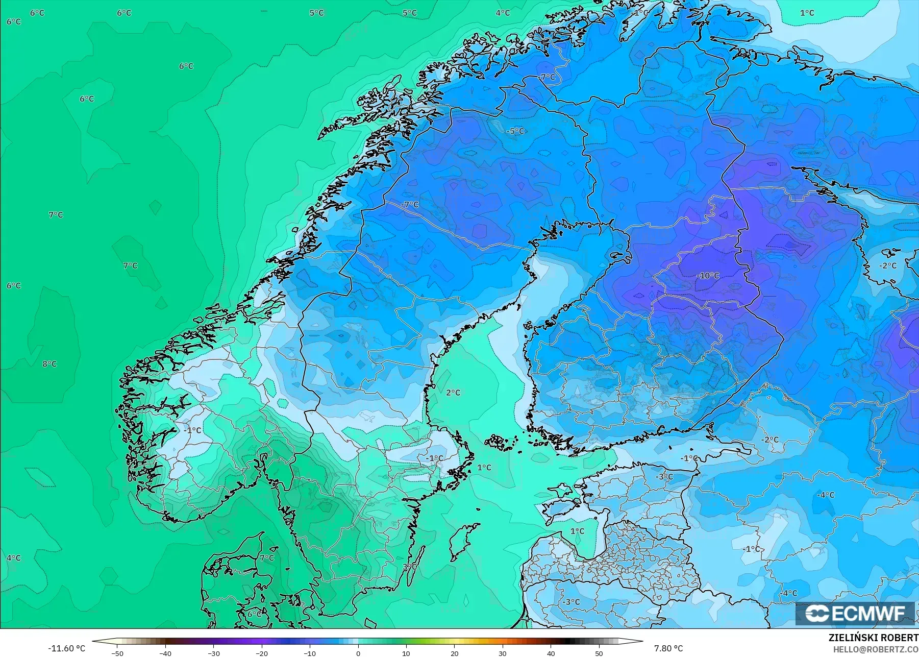 ECMWF IFS 0.25° modelo - Escandinavia, Punto de rocío a 2 m