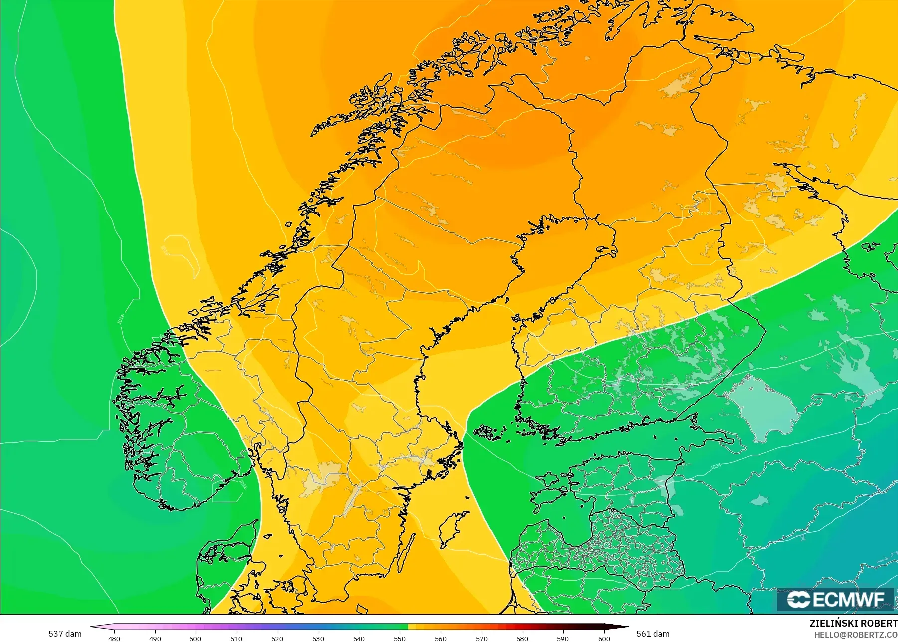 ECMWF IFS 0.25° modelo - Escandinavia, Altura geopotencial a 500 hPa