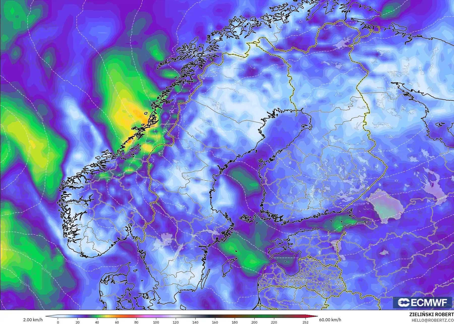 ECMWF IFS 0.25° modelo - Escandinavia, Ráfagas de viento