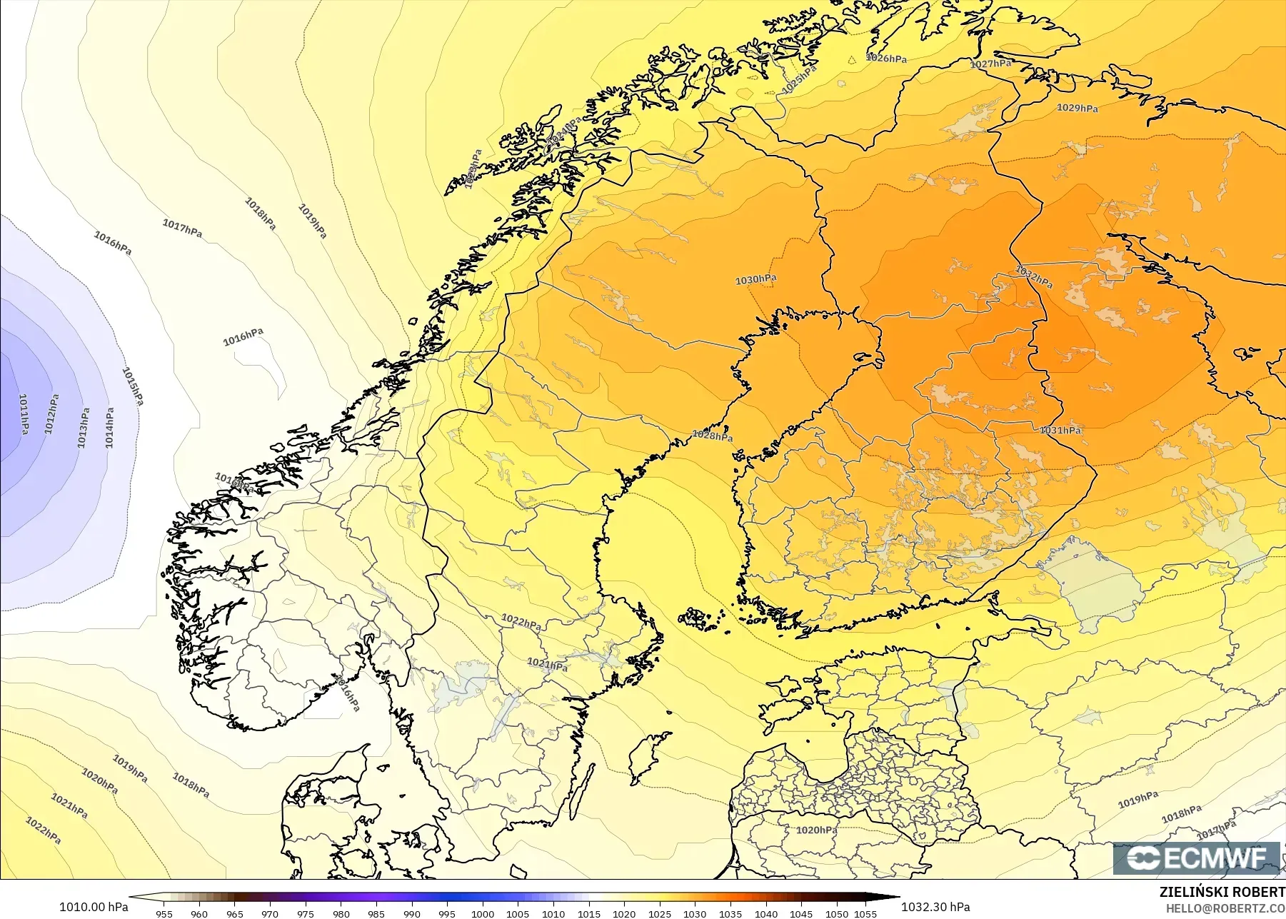 ECMWF IFS 0.25° modelo - Escandinavia, Presión