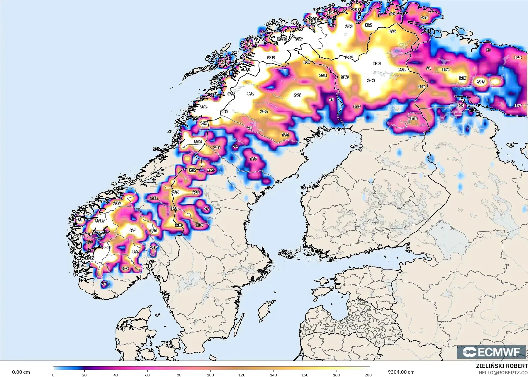 ECMWF IFS 0.25° modelo - Escandinavia, Profundidad de nieve