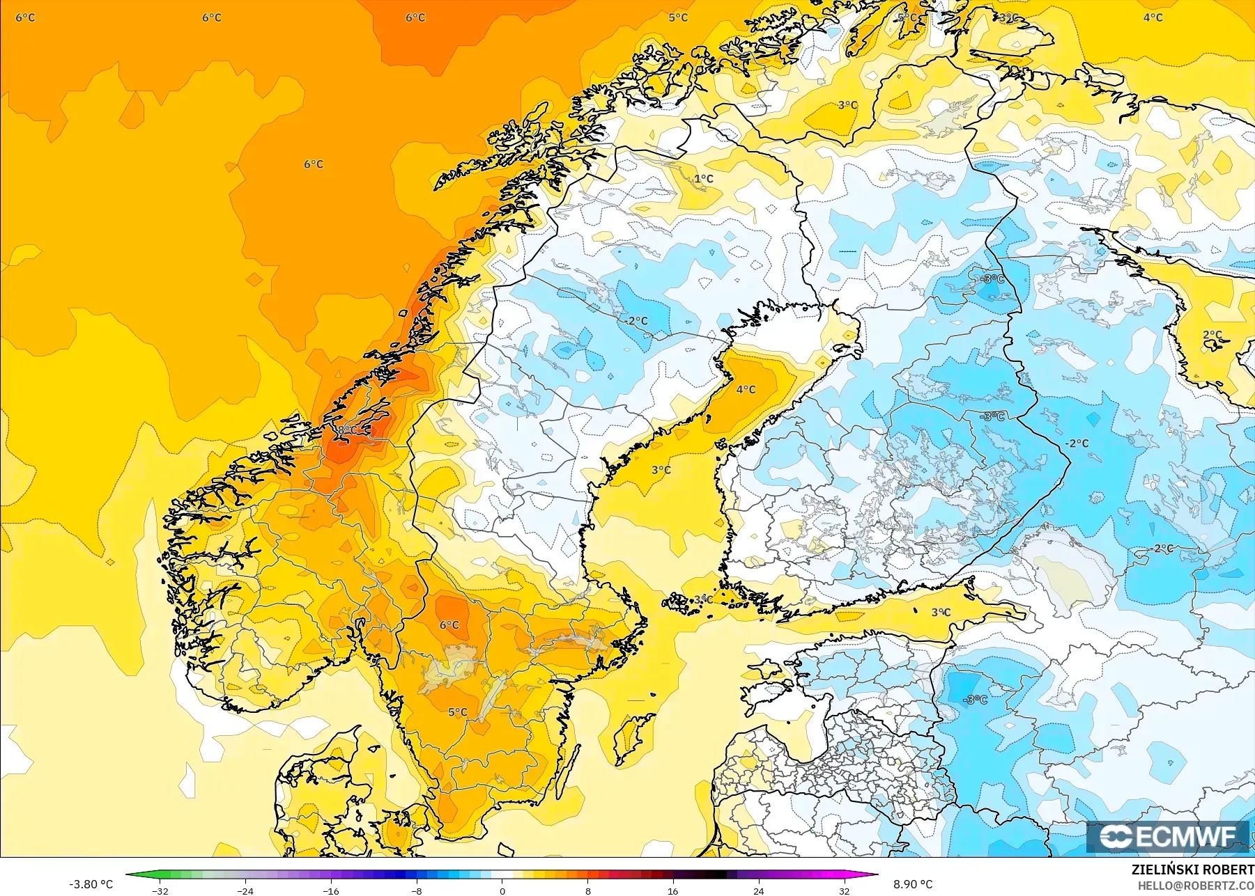 ECMWF IFS 0.25° modelo - Escandinavia, Anomalía de temperatura a 2 m