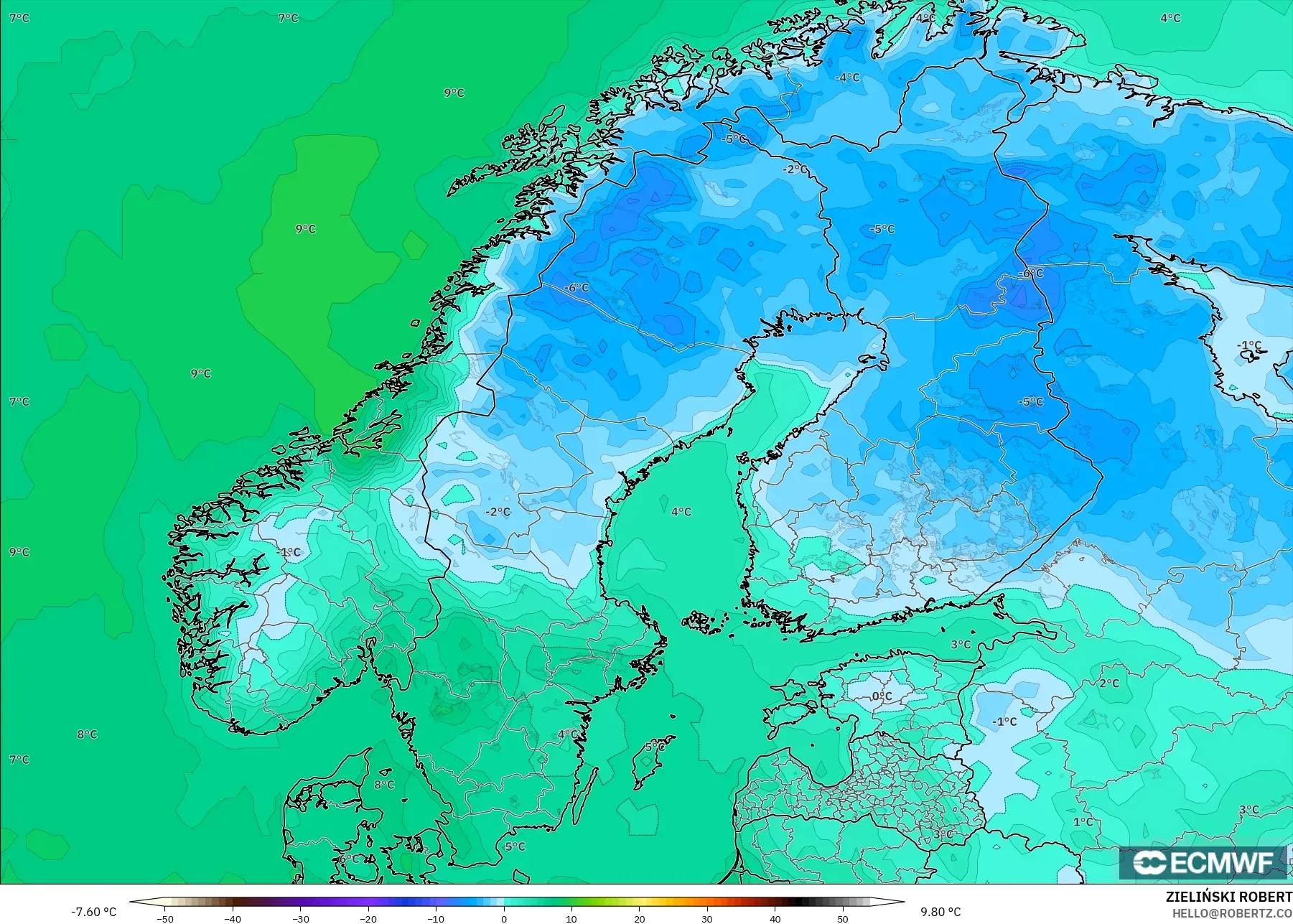 ECMWF IFS 0.25° modelo - Escandinavia, Temperatura a 2 m