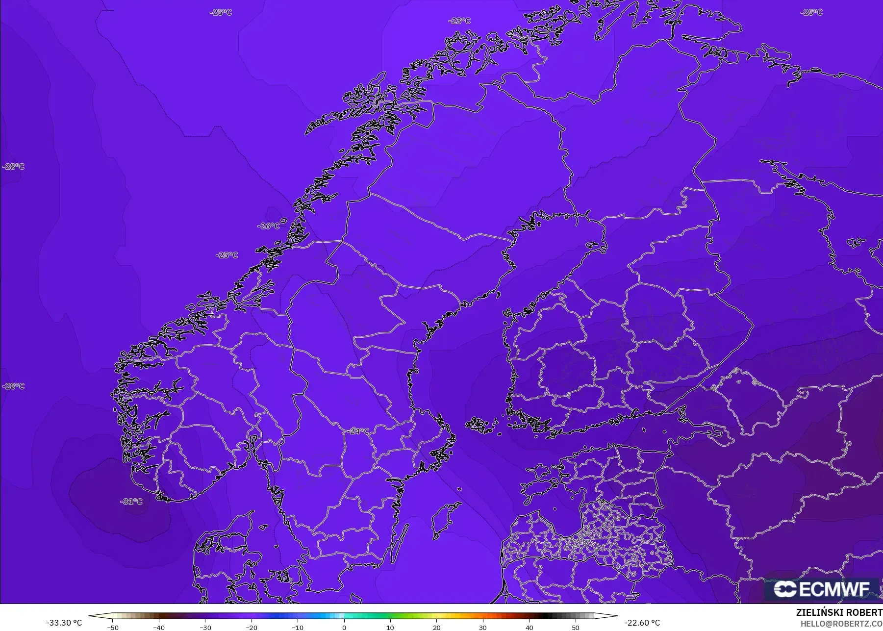 ECMWF IFS 0.25° modelo - Escandinavia, Temperatura a 500 hPa