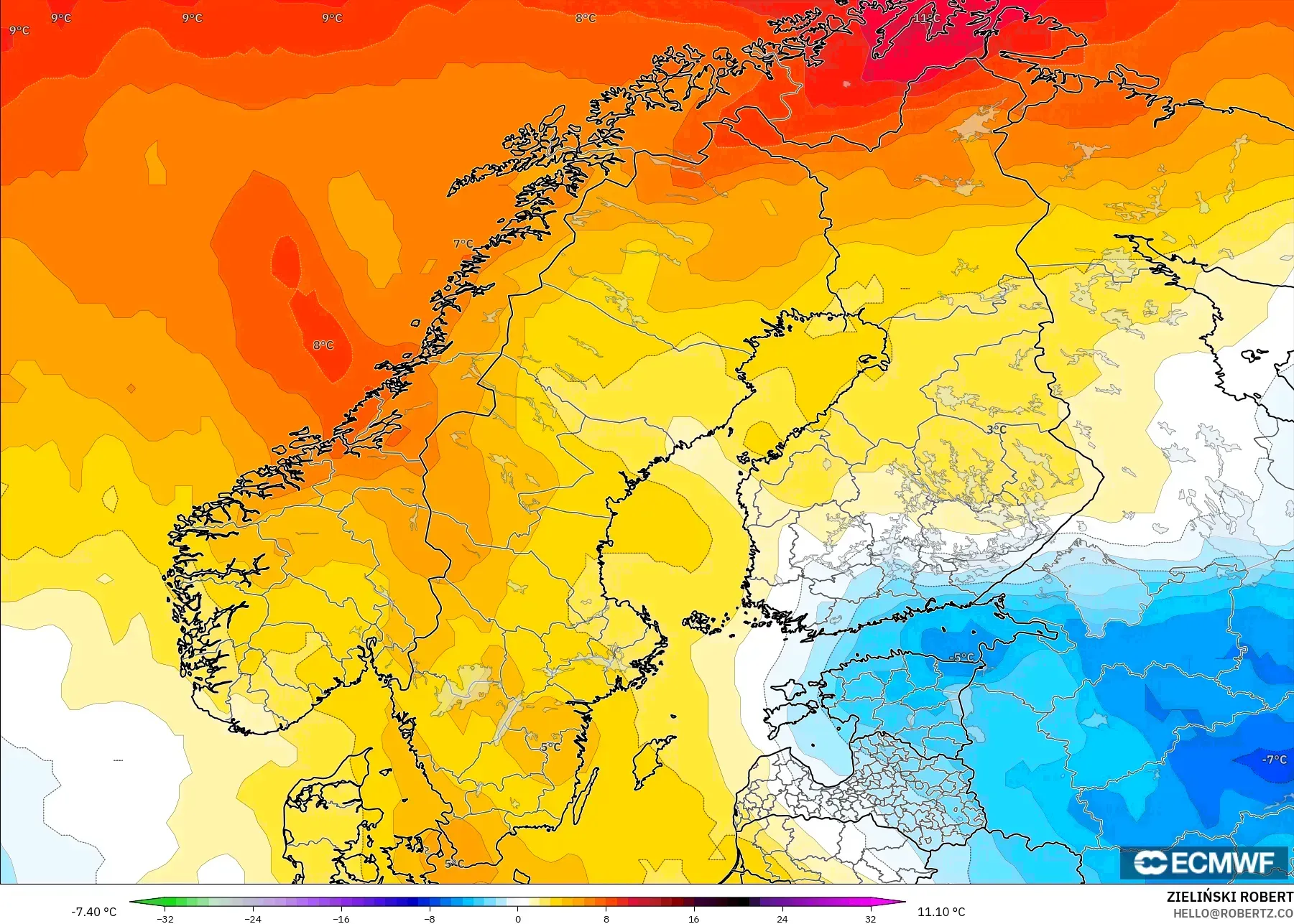 ECMWF IFS 0.25° modelo - Escandinavia, Anomalía de temperatura a 850 hPa