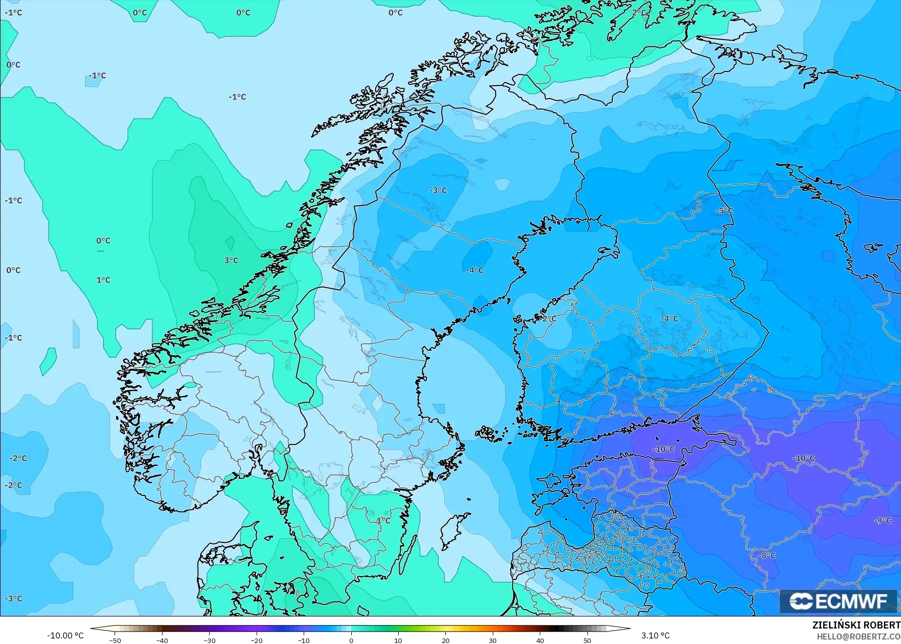 ECMWF IFS 0.25° modelo - Escandinavia, Temperatura a 850 hPa