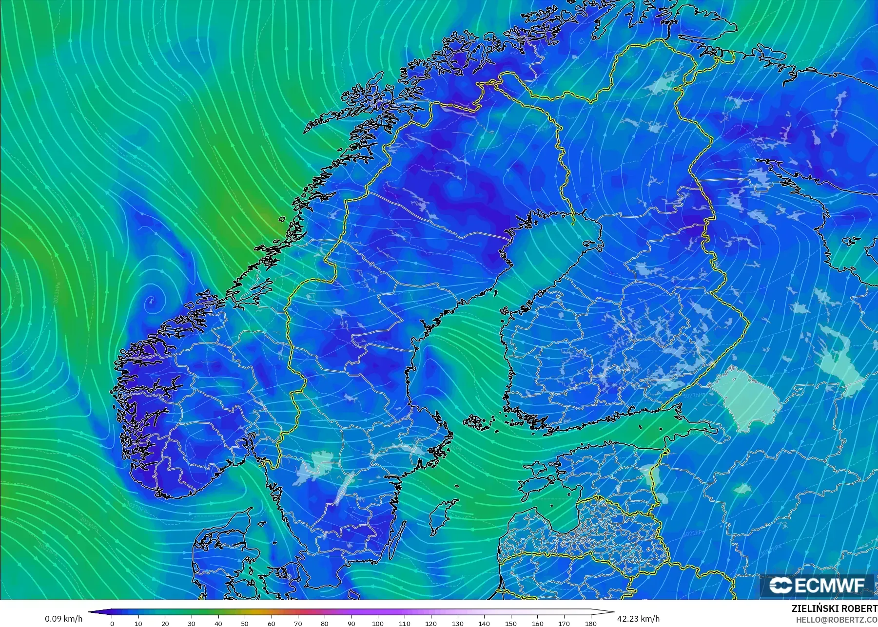 ECMWF IFS 0.25° modelo - Escandinavia, Viento a 10 m