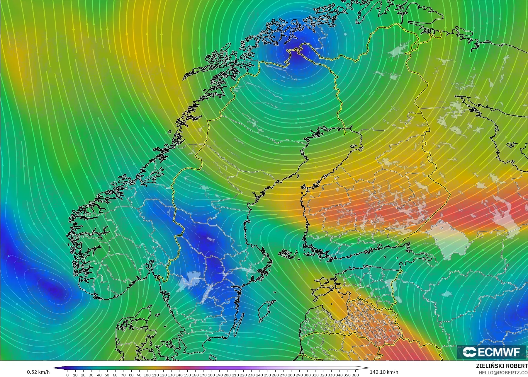 ECMWF IFS 0.25° modelo - Escandinavia, Viento a 300 hPa (corriente en chorro)