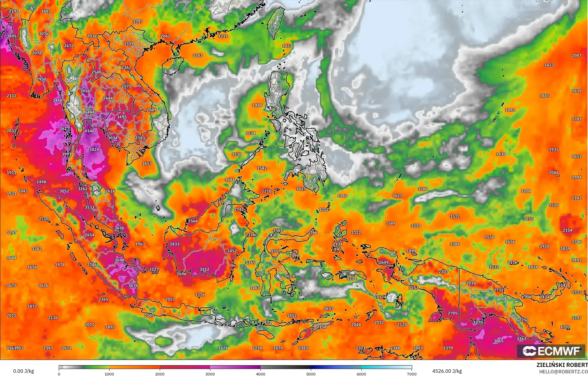ECMWF IFS 0.25° modelo - Sudeste Asiático, CAPE