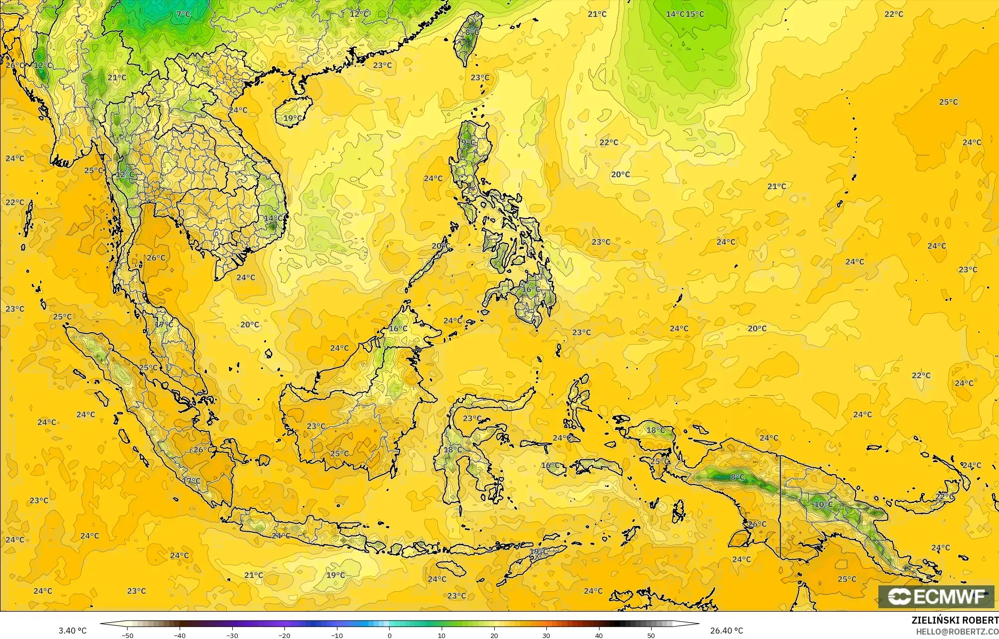 ECMWF IFS 0.25° modelo - Sudeste Asiático, Punto de rocío a 2 m