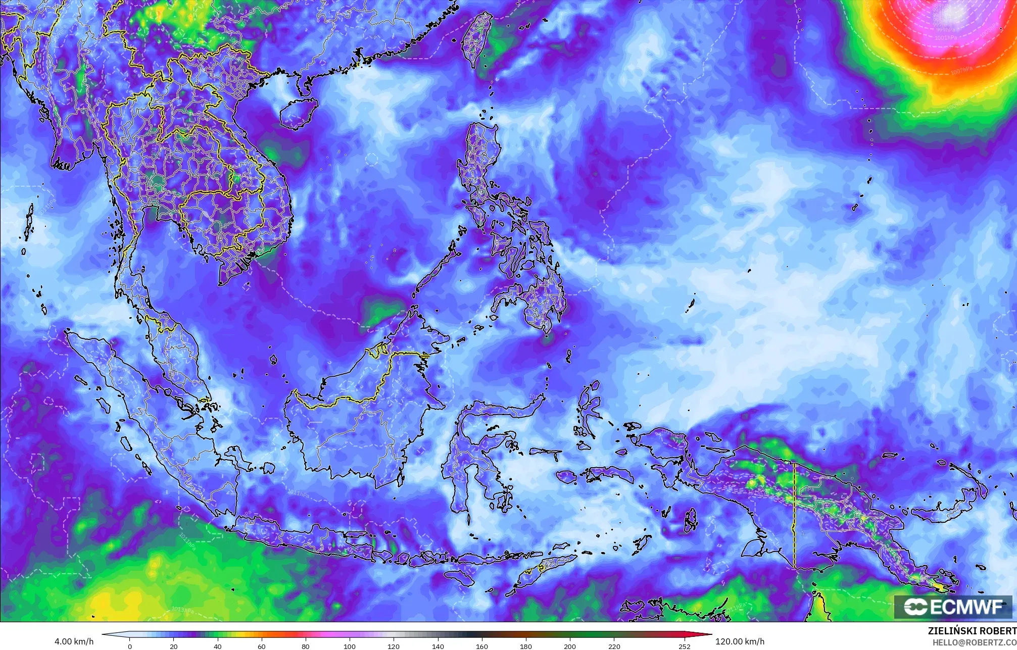 ECMWF IFS 0.25° modelo - Sudeste Asiático, Ráfagas de viento