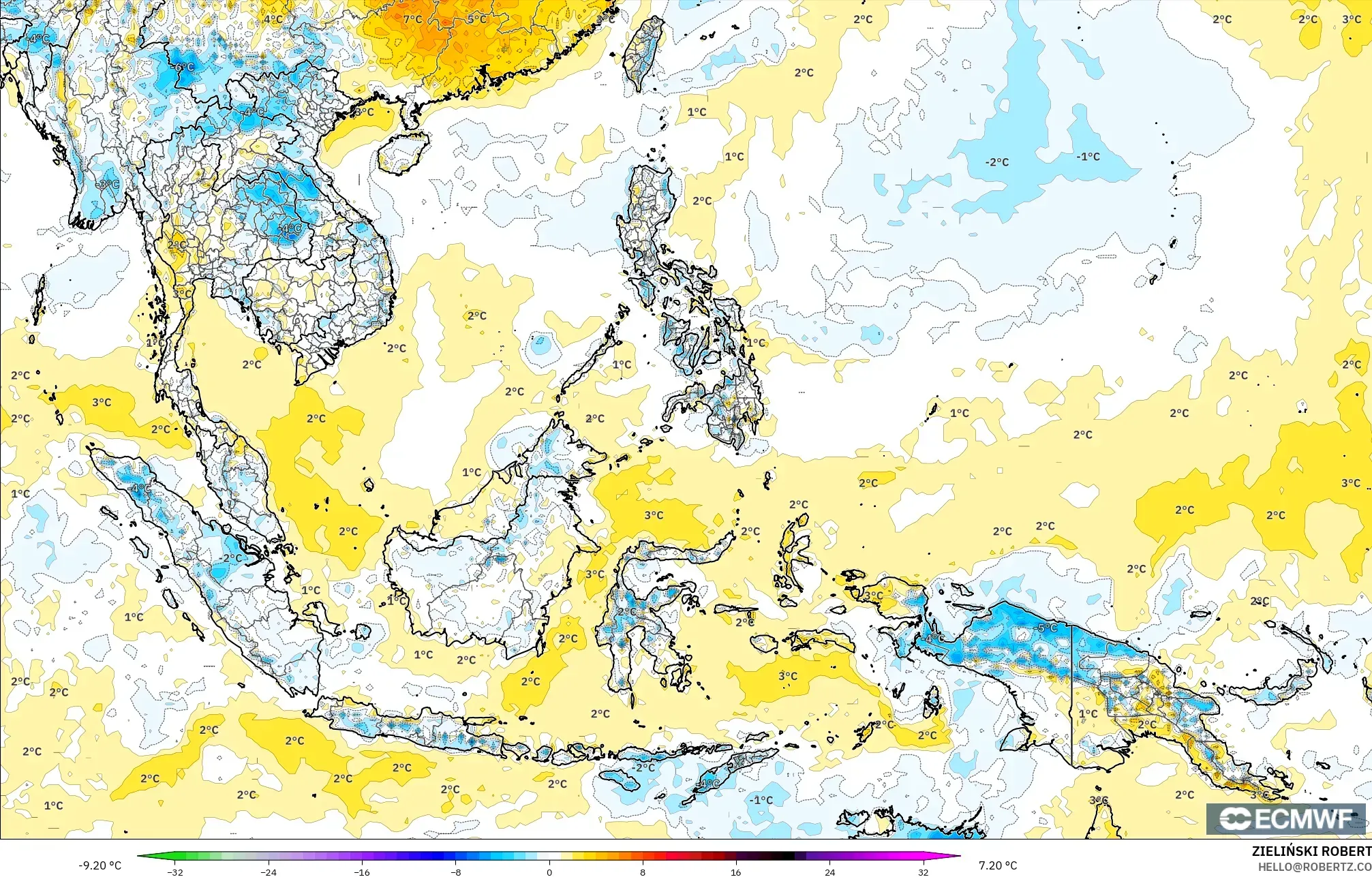 ECMWF IFS 0.25° modelo - Sudeste Asiático, Anomalía de temperatura a 2 m