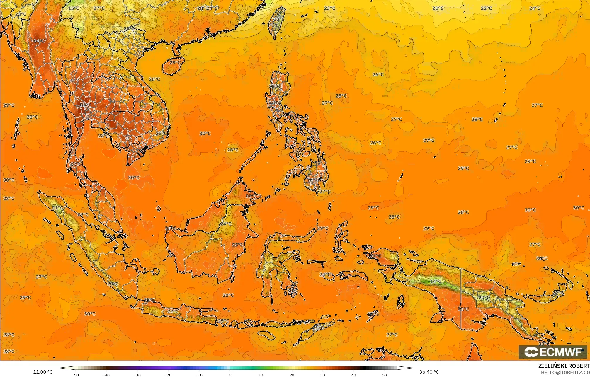 ECMWF IFS 0.25° modelo - Sudeste Asiático, Temperatura a 2 m