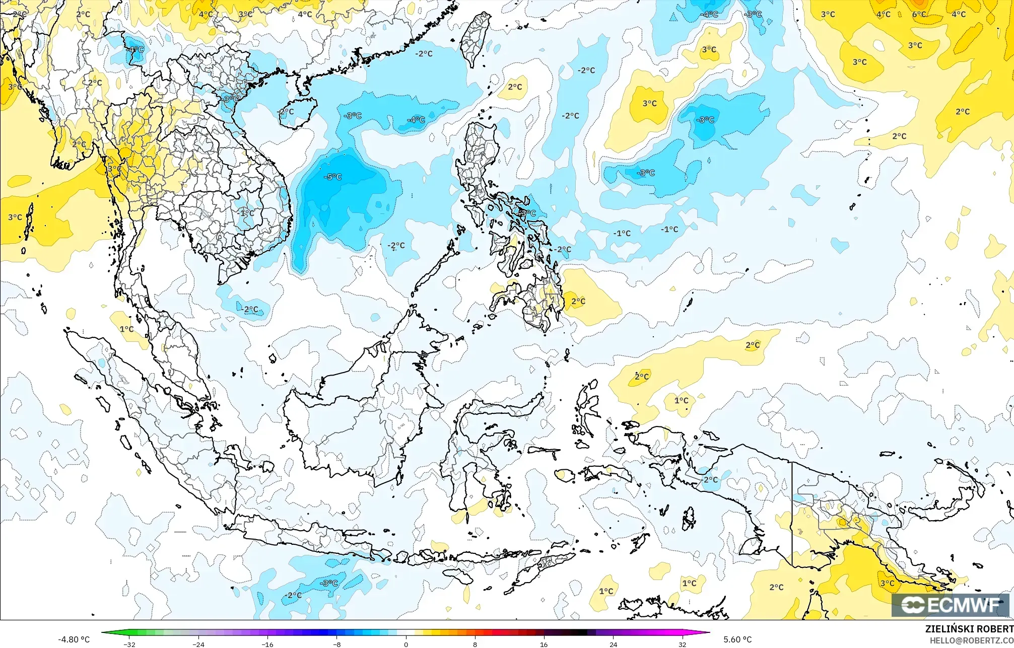 ECMWF IFS 0.25° modelo - Sudeste Asiático, Anomalía de temperatura a 850 hPa