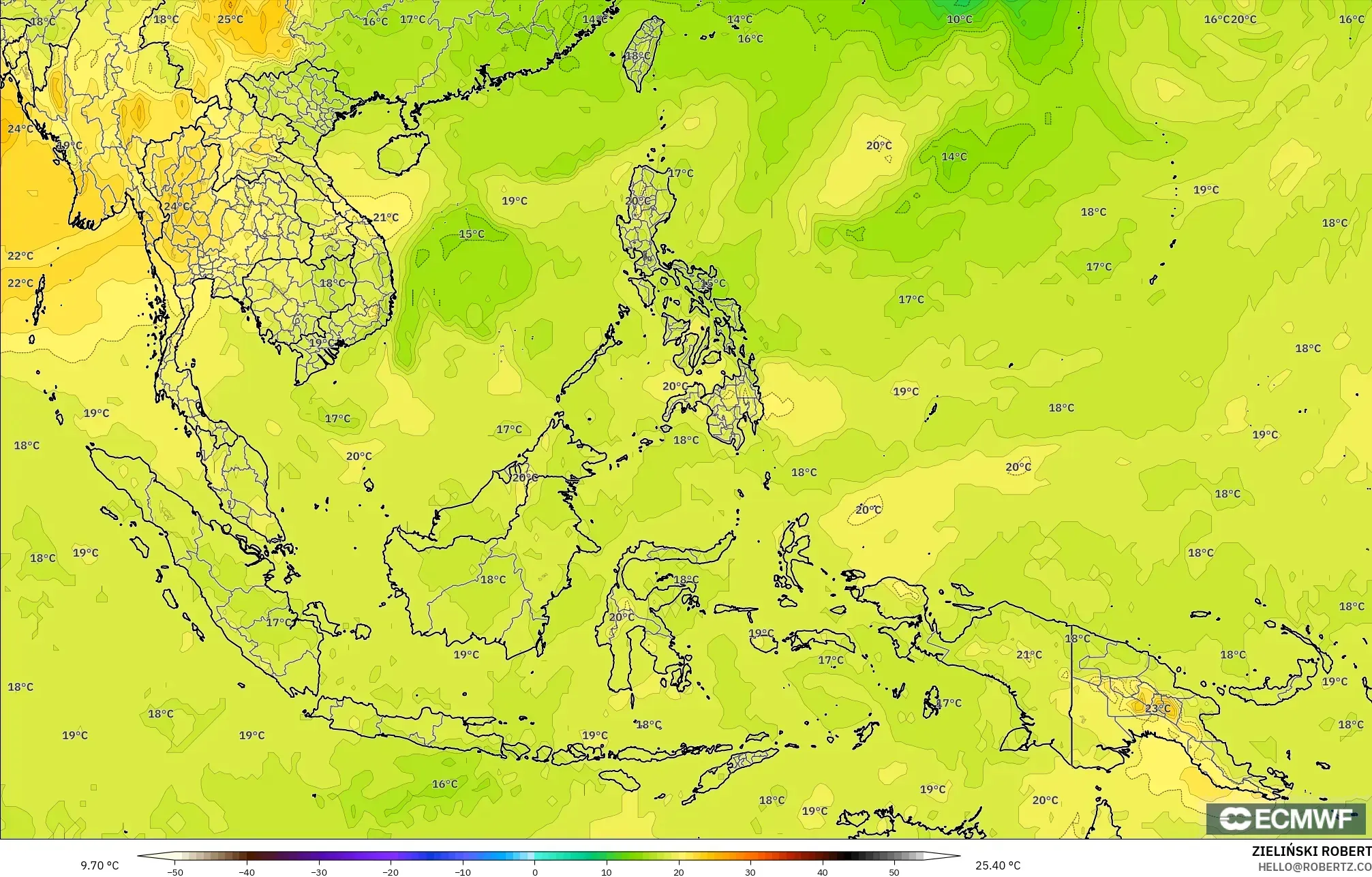 ECMWF IFS 0.25° modelo - Sudeste Asiático, Temperatura a 850 hPa