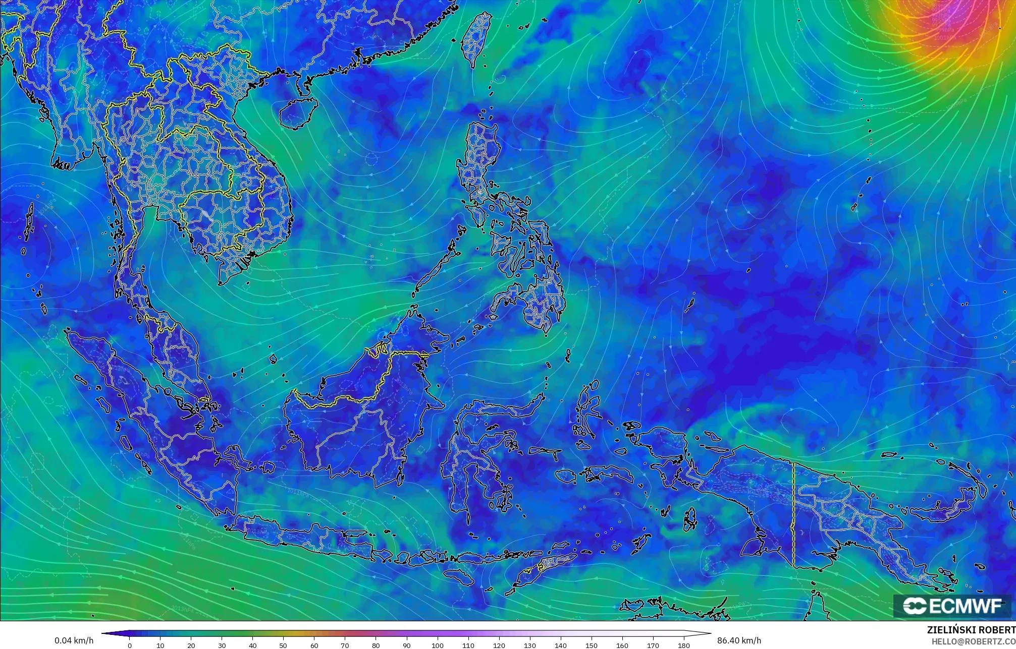 ECMWF IFS 0.25° modelo - Sudeste Asiático, Viento a 10 m