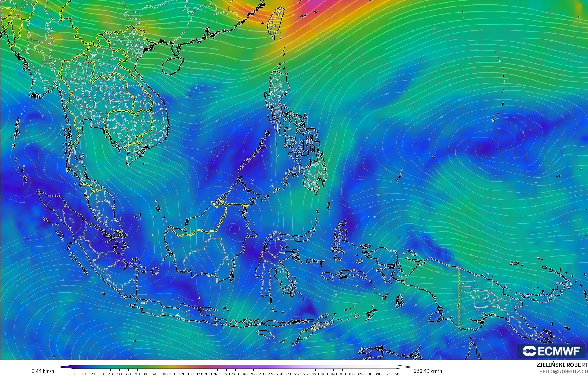 ECMWF IFS 0.25° modelo - Sudeste Asiático, Viento a 300 hPa (corriente en chorro)