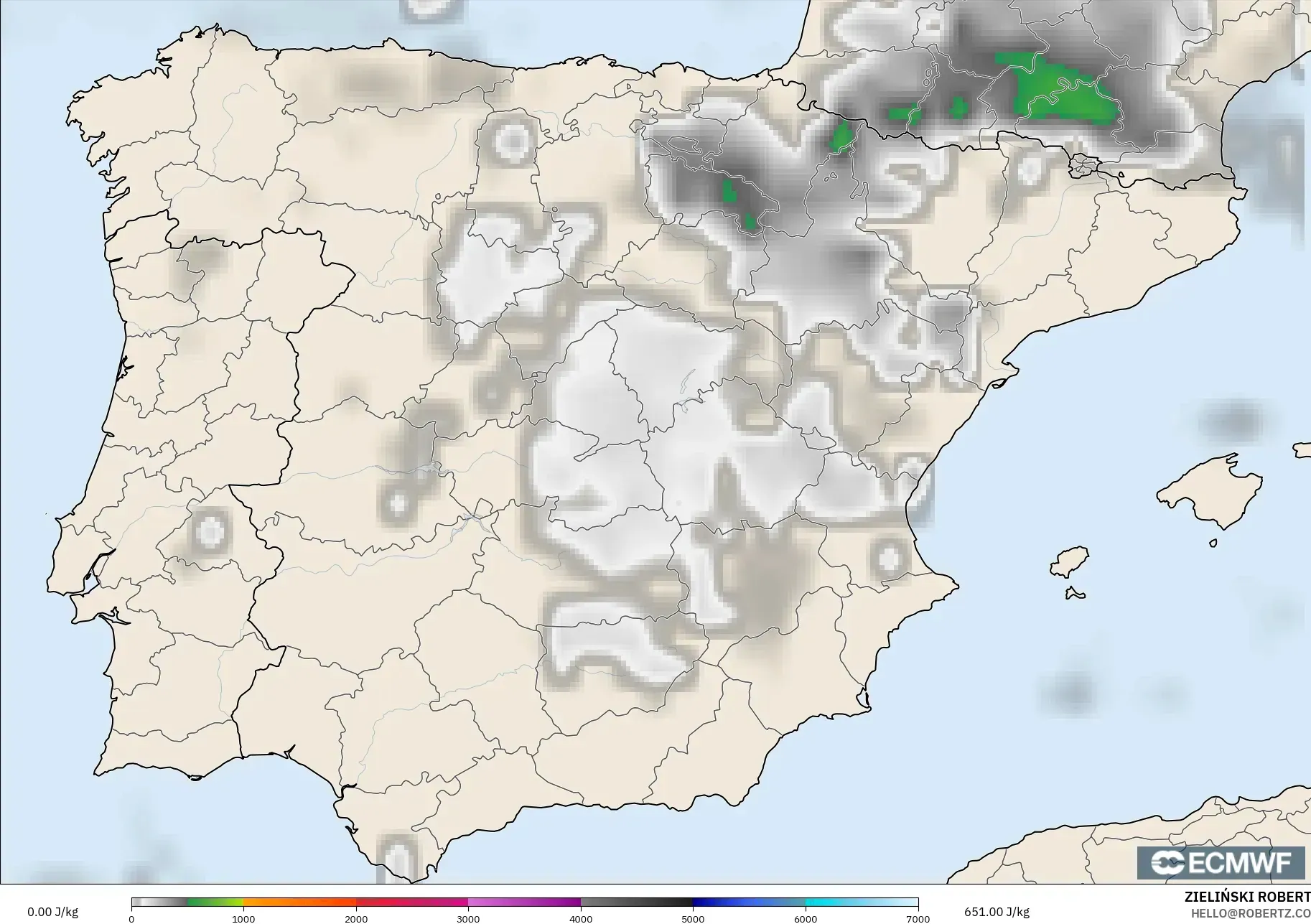 ECMWF IFS 0.25° modelo - España, CAPE